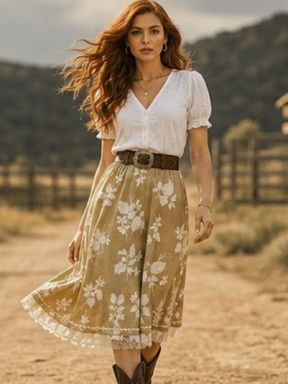 Handmade Feminine Floral Lace| Beige & White Western Boho Midi Skirt Cottagecore